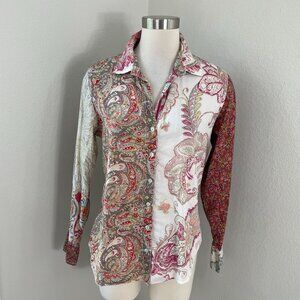 Cino Womens Small Button Up Patchwork Paisley Shirt Long Sleeve Top Blouse